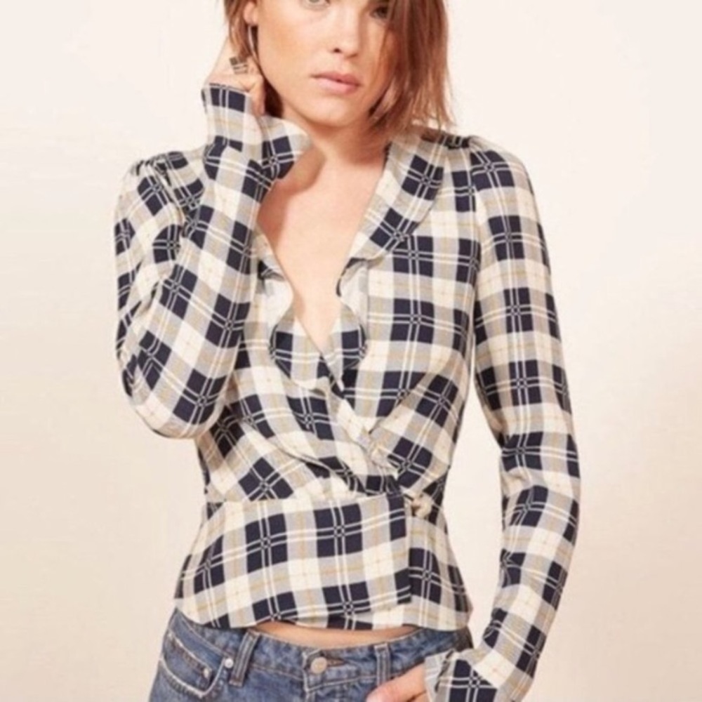 Reformation Lee Top Navy Tartan Plaid Wrap Blouse S